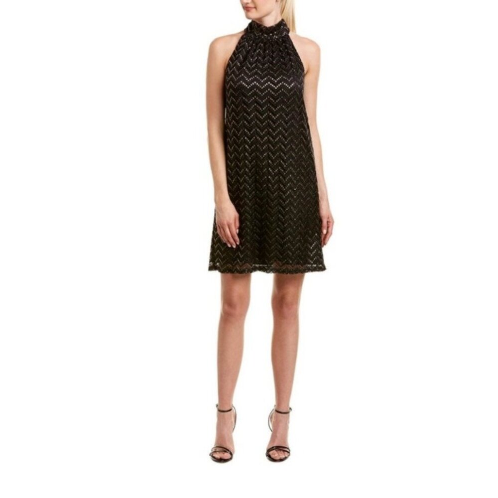 Trina Turk Morrison Dress M Medium Black Gold Mock Neck Stretch Shift NWT $178